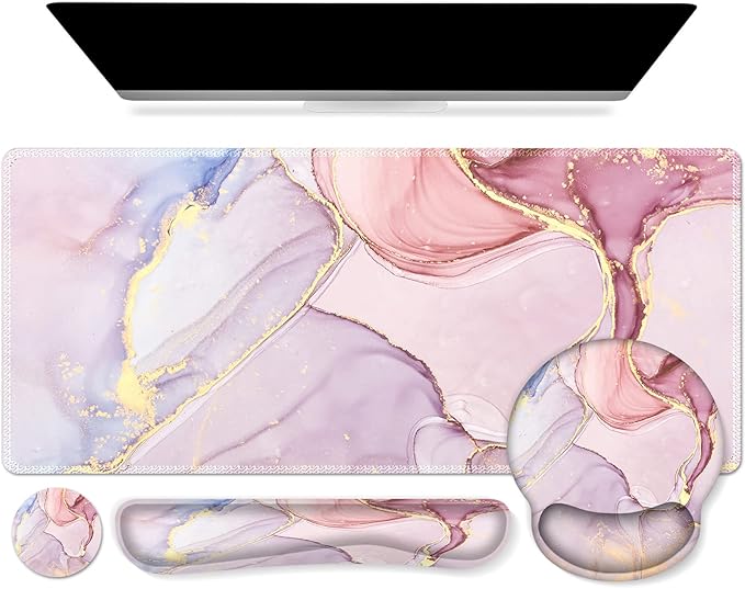 iCasso Desk Mat Gaming Mouse Pad Wrist Support Set4in1 XXL Large Mousepad + Keyboard Wrist Rest+Mouse Wrist Rest+Coaster Set with Ergonomic Design for Home Office Table Computer-Glitter Marble