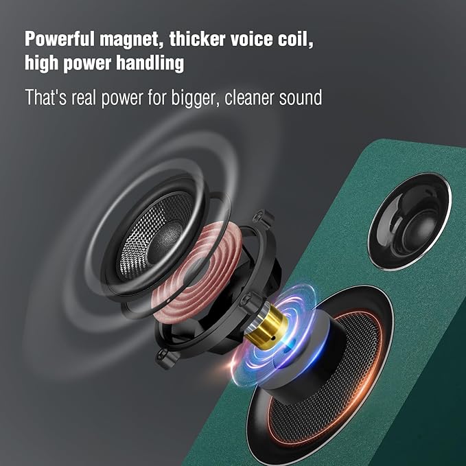 Computer Speakers for Desktop PC Active Bookshelf Speaker with 3‘’ Carbon Fiber Woofer and Silk Film Tweeter Supports Bluetooth 5.3 USB-C AUX/RCA Input for Record Player TV - Green Stereo Set