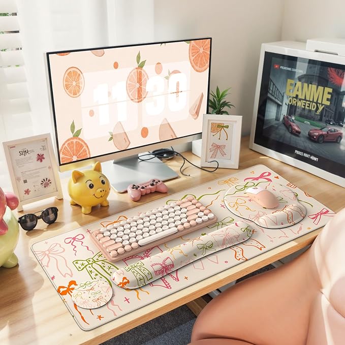 iLeadon Desk Protector Mat Non Slip Long Mouse Pad and Keyboard Wrist Rest Carpal Tunnel Mouse Pad and Computer Wrist Support Soft Ergonomic Keyboard Pad with Wrist Support for Women Office (Bow)