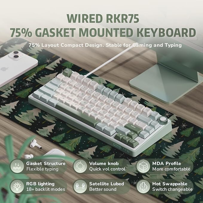 RK ROYAL KLUDGE R75 Mechanical Keyboard Wired with Volume Knob 75% Keyboard Gasket Mounted RGB Backlit Creamy Keyboard with MDA Profile PBT Keycaps Hot Swappable Pre-lubed Tactile Switch