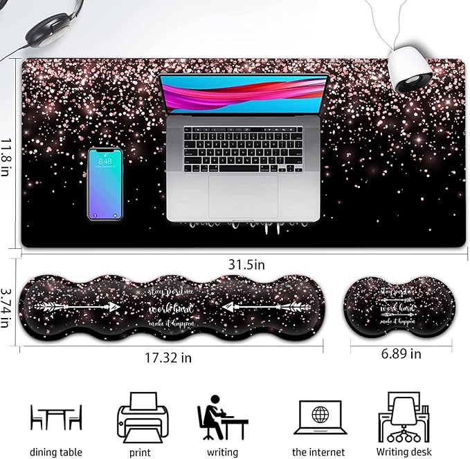 Large Gaming Mouse PadExtended Office Desk MatWaterproof Desk Writing Pad for Home Ergonomic Mouse &ampKeyboard Wrist RestWork Hard Rose Gold Glitter Laptop Desk Pad Black Mousepad Wrist Support