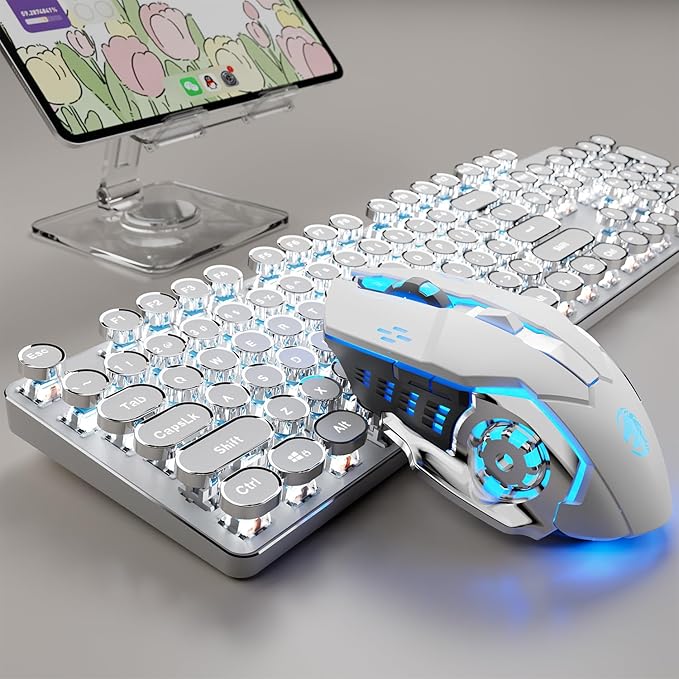 TK950 Wireless Typewriter Keyboard and Mouse Combo104 Keys Retro Typewriter Mechanical Keyboard with White Backlit Anti-Ghosting Blue Switch Bluetooth/2.4G/Wired Cute Gaming Keyboards-White
