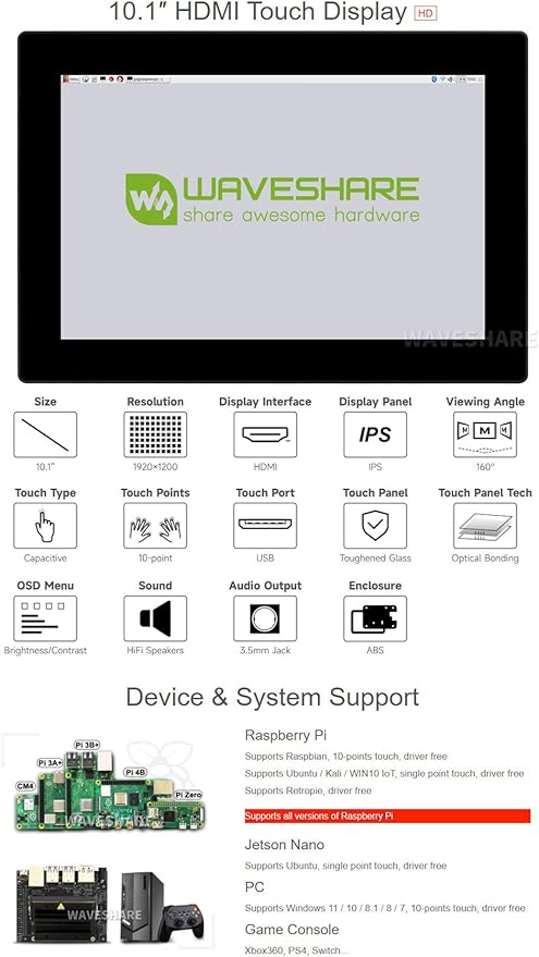 waveshare 10.1inch HD Capacitive Touch Screen LCD Compatible with Raspberry Pi 4B/3B+/3A+/2B/B+/A+/Zero/Zero W/WH/Zero 2W CM3+/4 1920×1200 Resolution HDMI IPS Supports Windows/Jetson Nano