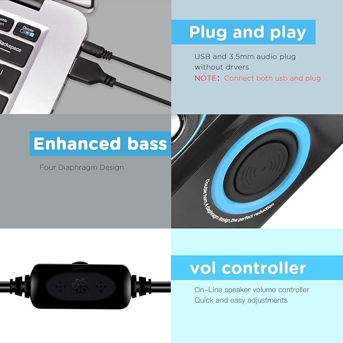RECCAZR SP2040 Surround Computer Speakers with Deep Bass USB Wired Powered Multimedia Speaker for PC/Laptops/Smart Phone Built-in 4 Loudspeaker Diaphragm(Blue)