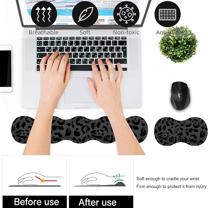 Bxgolkgd Desk Mat SetMouse Pad with Keyboard Wrist Rest &amp Mouse Wrist RestWave-Shaped DesignNon-Slip Rubber BaseErgonomic Desk Mat for HomeOfficeGamingBlack Leopard Print
