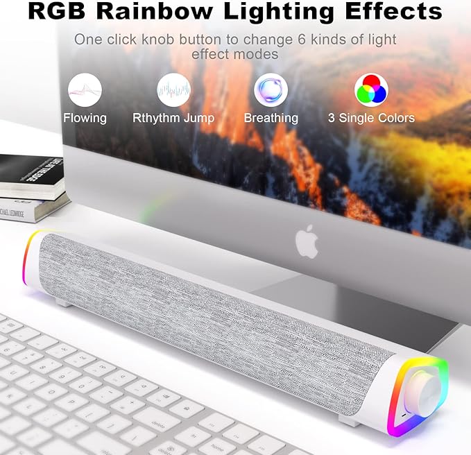 SOULION R30 Plus Bluetooth Computer Speakers All-in-One Control Button with 6 Modes LED Lights PC Speaker Wired USB Powered Surround Soundbar for Desktop Monitor Laptop White