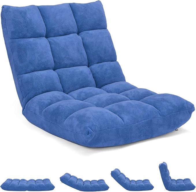 MAT EXPERT Floor Chair with Back Support Floor Gaming Chair w/ 14 Adjustable Position Soft Coral Fleece&ampAlloy Steel Frame Foldable Padded Lazy Couch Recliner for Meditating (Blue Large)