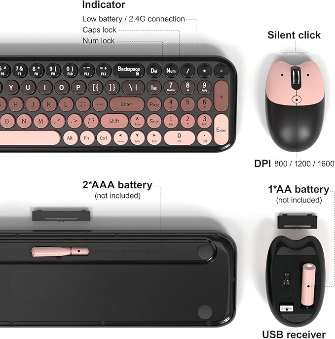 Wireless Keyboard and Mouse Combo MOWUX Compact Typewriter Retro Round Computer Keyboard Cute Optical Mouse Wireless Plug and Play for Laptop PC Computer- BlackBerry Gradient