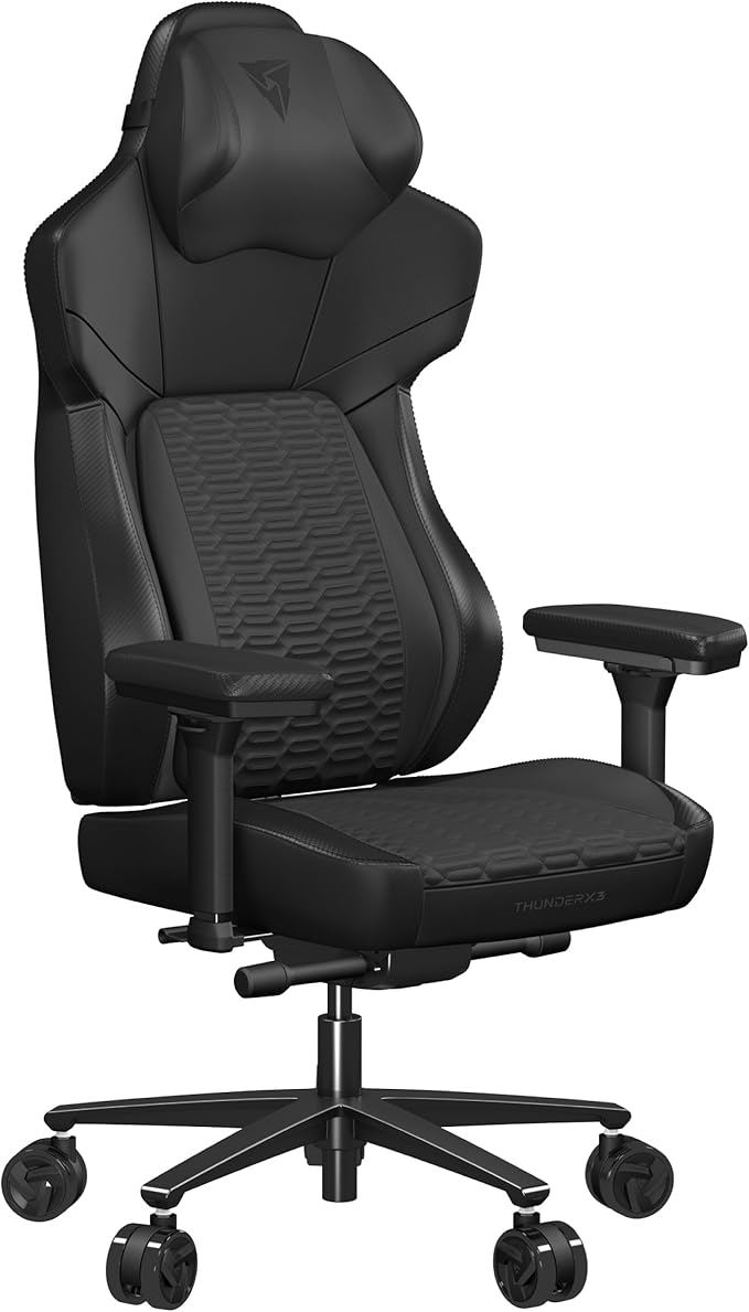 ThunderX3 CORE Gaming Chair for Adults Ergonomic Office Chair High Back Desk Chair Synchronous Tilt Forward Tilt 360° Self-Adjusting Lumbar Support Multipurpose Footrest Leather Racer Black