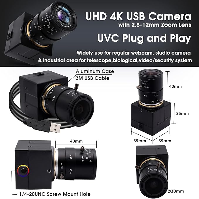 SVPRO USB Camera 4K Ultra HD Webcam with Zoom Lens 2.8-12mmManual Focus Camera 3840x2160 30fps Sony IMX415 Sensor Camera USB UVC Video Camera for Mac/Windows/Linux/Android