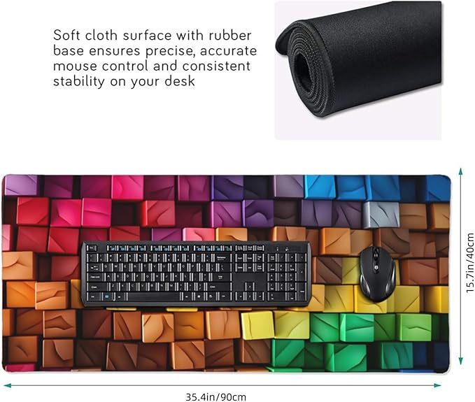 Colorful 3D Squares Large Gaming Mouse Pad 35.5 X 16 Inch Extended Desk Mat for Keyboard and Mouse Waterproof Computer Mousepad with Stitched Edges &amp Non-Slip Base