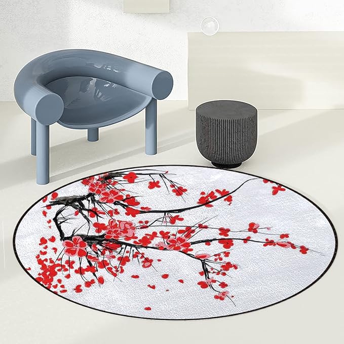 Gaming Chair Mat for Hardwood Floor Anti-Slip Floor Protector Game Controller Rubber Gaming Computer Chair Mat Floral Japanese Cherry Blossom Vermilion WhiteDiameter 48 in