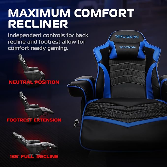 RESPAWN 900 Console Gaming Recliner with Footrest and Lumbar Support - Comfortable Ergonomic Gaming Chair with Headrest No Wheels Reclining Heavy Duty Racing Style Video Game Chairs - Blue