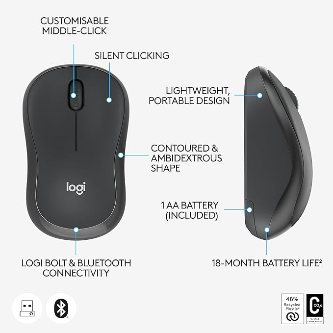 Logitech M240 for Business Silent Wireless Mouse Secure Logi Bolt USB Receiver Bluetooth Globally Certified for Windows Mac Chrome Linux iPadOS Android - Graphite