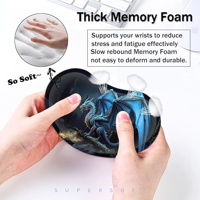 Large Mouse Pad with Mouse Wrist Rest 31.5x11.8 in Extended Mouse Mat with Non-Slip PU Base Ergonomic Memory Foam Wrist Rest for Work &amp Gaming Writing Pad Blue Flying Dragon Office Desk Pad