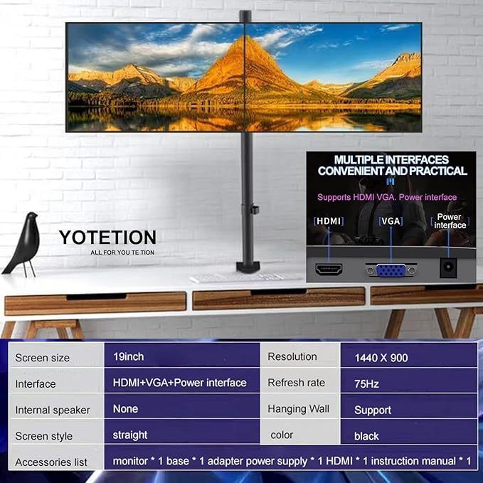 19 inch HD (1440 x 900) Monitor 2PACKS 75Hz Refresh Rate HDMI x1 Small Thin Monitor for laptops Computers and desktopsLED Display VGA/HDMI Connection.VESA:75 * 75MM