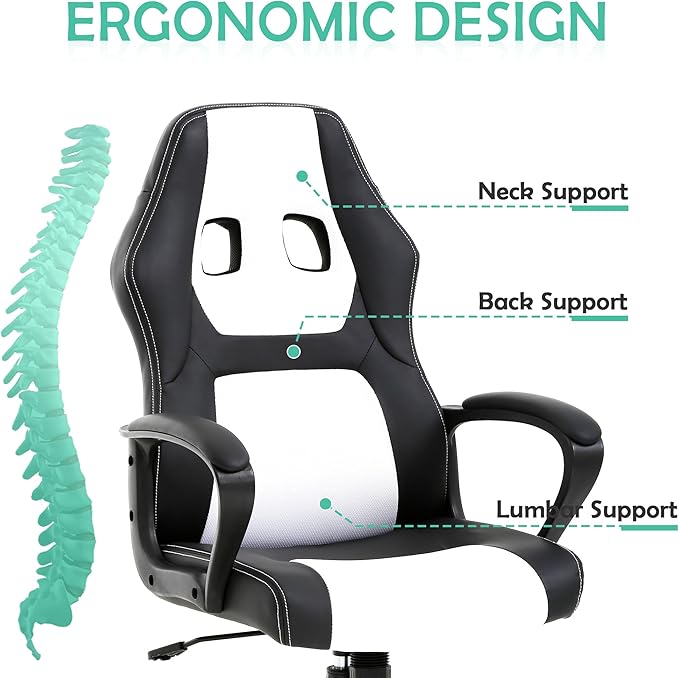 Massage Gaming Chair Gaming Chair with Massager Massage Lumbar Support Gaming Chairs for Adults Office Gaming Chair with 360°Swivel Comfortable Gaming Chair with Height Adjustable White &amp Bl