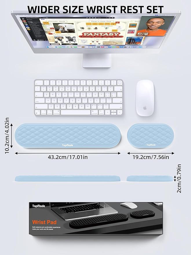 TopMade Upgraded Wider Wrist Rest Set Soft Memory Foam Keyboard Hand Rest Pad Computer Ergonomic Keyboard Mouse Wrist Support for Typing Pain Relief Comfort for Office Gaming Study White Ice