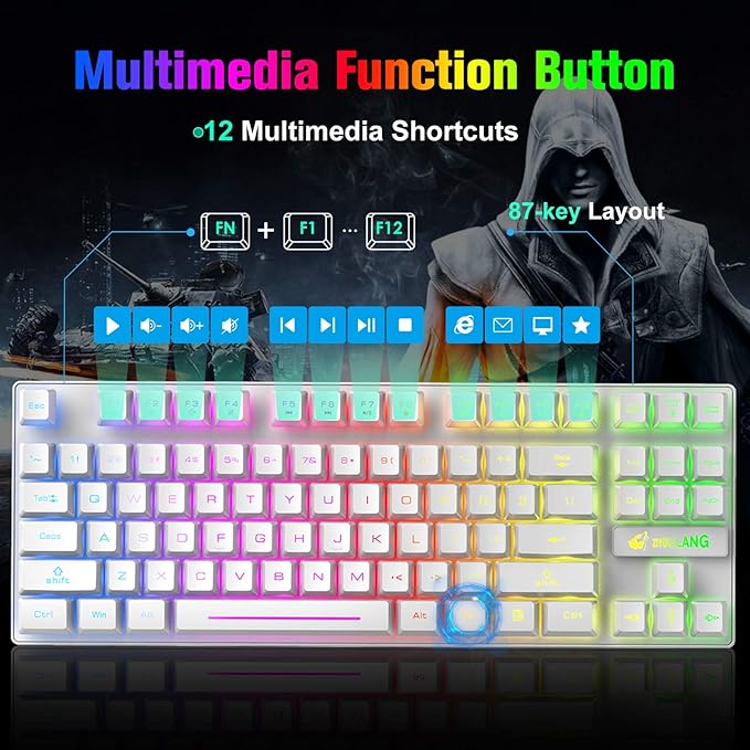LexonElec Wireless RGB Backlit Gaming Keyboard Mouse ComboRechargeable 3800mAh Battery 87-Key Mechanical Feel Keyboard Quiet Mouse and Mouse Pad for Gamers and Office Typists(White)