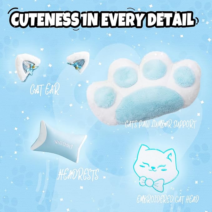 Cute Cat Ears Gaming Chair with Paw Lumbar Cushion High Back Computer Chair with Footrest 360° Swivel Height Adjustable Recliner Game Chair for Girls 300lbs (Blue)