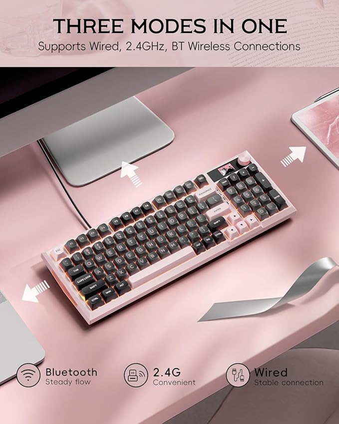Redragon K725 Wireless Mechanical Keyboard with LCD Smart Screen &amp Control Knob Tri-Mode 2.4G/Bluetooth/Type-C Hot-Swap Gasket Mount RGB Backlit for Gaming/Mac/Windows/Tablet/PC