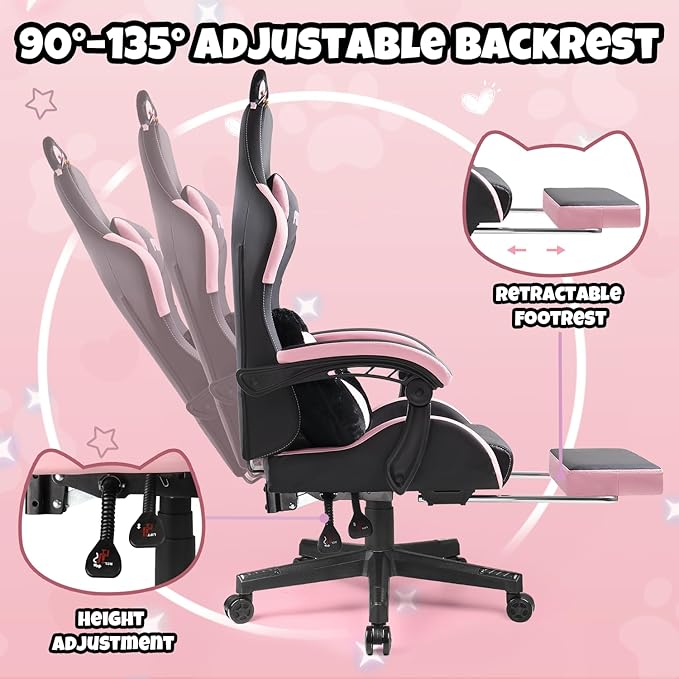 Black Gaming Chair with Cat Ears and Cat Paw Lumbar Cushion Cute Ergonomic Gaming Computer Desk Chair with Footrest and Linked Armrests Comfortable PU Leather Game Chair for Girls and Adults