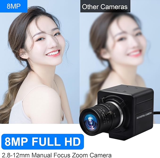 MMlove 8MP USB Camera High Speed 30fps 2.8-12 4X Optical Zoom Lens 2448P USB Webcam Manual Close up Zoom in and Out Golf Swing Camera for Industrial Machine Vision Support PC Raspberry Pi