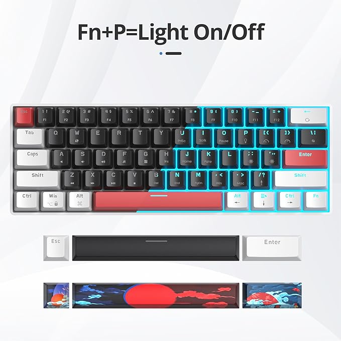 surmen 60% Mechanical Gaming Keyboard with Linear Red Switch Wired Mini Compact Keyboard 60 Percent Backlit for Laptop Desktop PC Gamers （61 Black-Ice Blue）