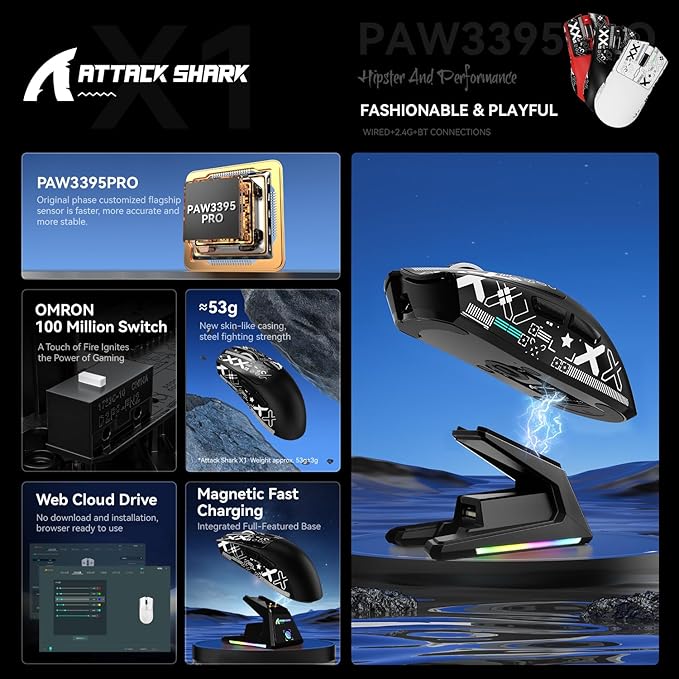 X1 Superlight Wireless Gaming Mouse with RGB Magnetic Charging Dock BT/2.4G Wireless/Wired Gaming Mouse PAW3395PRO Gaming Sensor 40000DPI Tape 53g Office Mice for PC/Mac/Win/Xbox (Black)