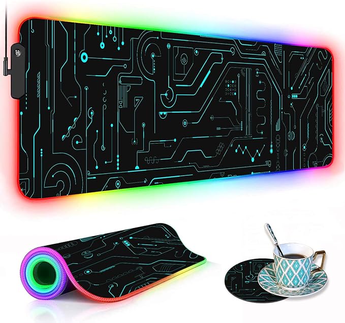 RGB Gaming Mouse Pad with Coffee Coaster XXL Large Glowing LED Mousepad Anti-Slip Rubber Base Computer Keyboard Desk Mouse Mat 31.5 X 11.8 Inch - Circuit Board Pattern