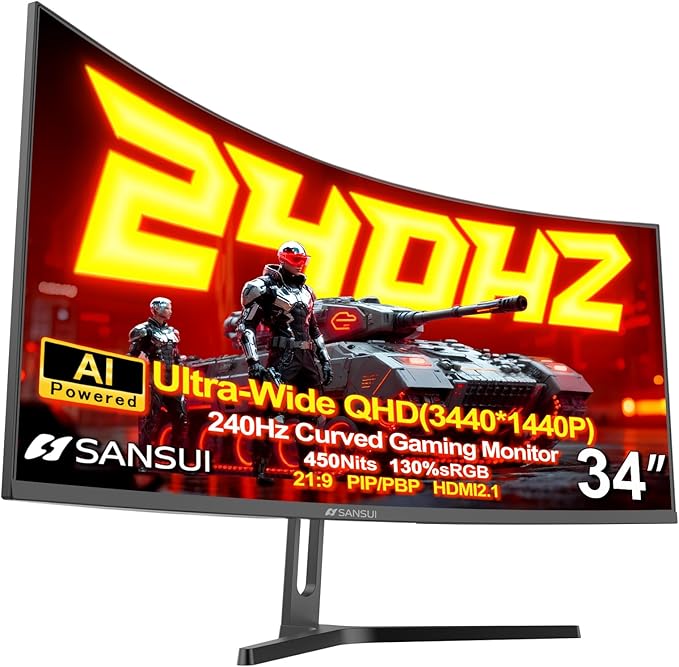 SANSUI 34 Inch 240Hz Ultrawide Curved Gaming Monitor UWQHD 3440×1440 21:9 2K Curved Monitor 1500RHDR400Fast VA PIP/PBPAI CrosshairAIPQ(Visual Enhance)MPRT 1msHDMI2.1*2DP1.4*2(DP Cable Incl.)