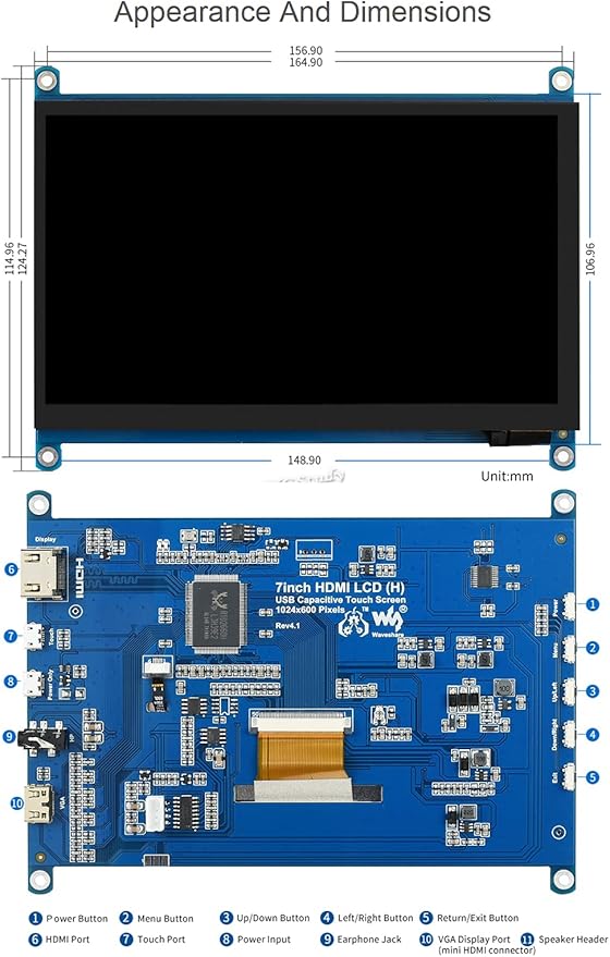 7inch Capacitive Touch Screen LCD for Raspberry Pi 5 4 3/Jetson Nano/PC Windows/Game Console 1024×600 Resolution HDMI IPS for Windows 11/10 / 8.1/8 / 7 (7inch HDMI LCD (H))