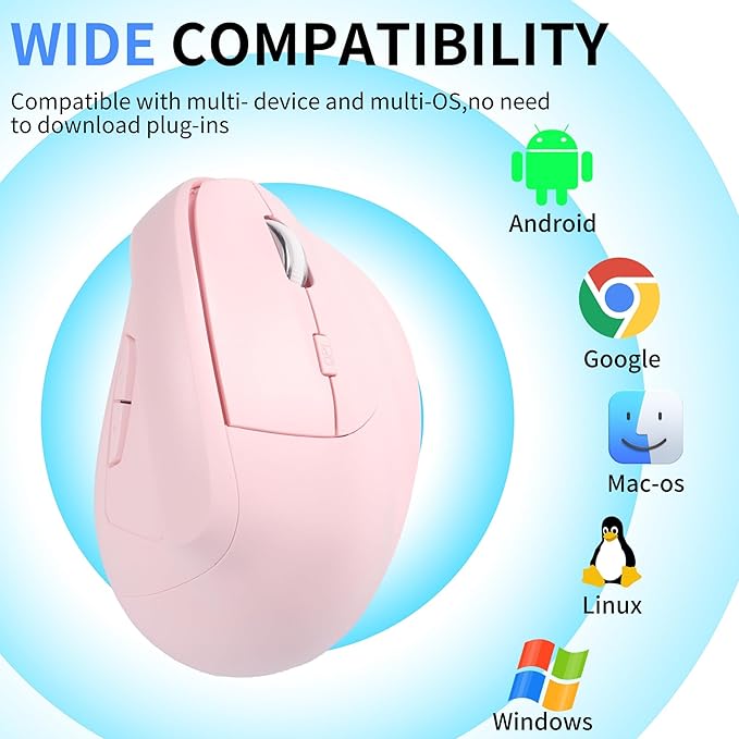 Ergonomic Mouse Bluetooth for MacWireless Vertical Mouse Dual Mode (Bluetooth&ampUSB)Rechargeable Optical Tracking Quiet Clicks Mice with USB Receiver 6 Buttons for PC/Laptop/Windows/ipad-pink