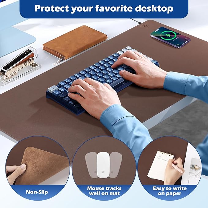 Wireless Charging Desk Mat with Desk Pad for Desktop Charging Large Mouse Pad Waterproof Leather Computer Mat Mouse Pad Non-Slip Protector on Top of Desks for Keyboard and Mouse (brown-r 32*16inch)