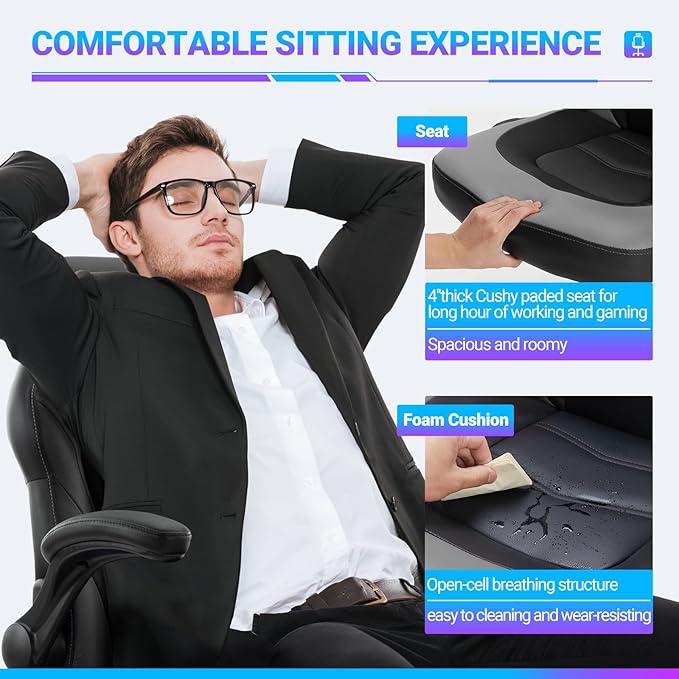 Yapamar Gaming ChairPU Leather Ergonomic Office Chair Swivel Computer Gaming Chair with Lumbar Support - Grey