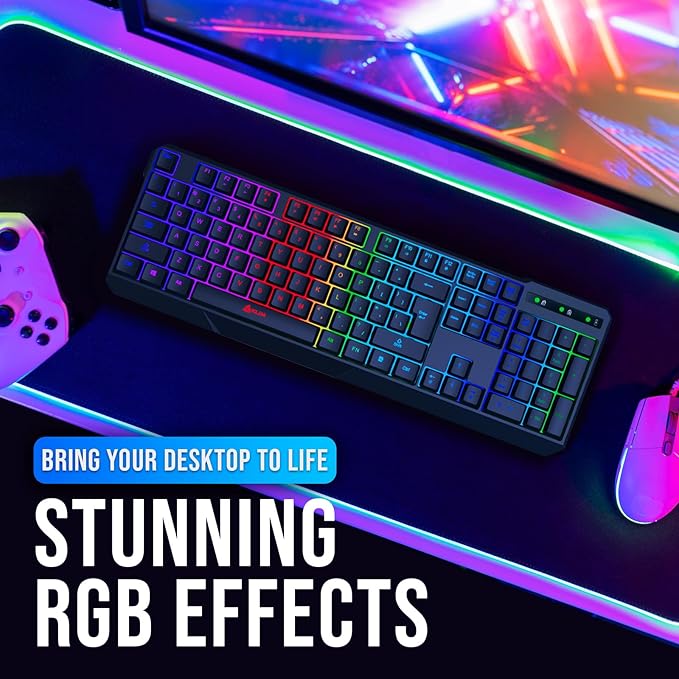 KLIM Chroma Wireless Keyboard – RGB Backlit Gaming Rechargeable Battery PC Keyboard Durable &amp Water-Resistant Compatible with PS4 PS5 &amp Mac - Black