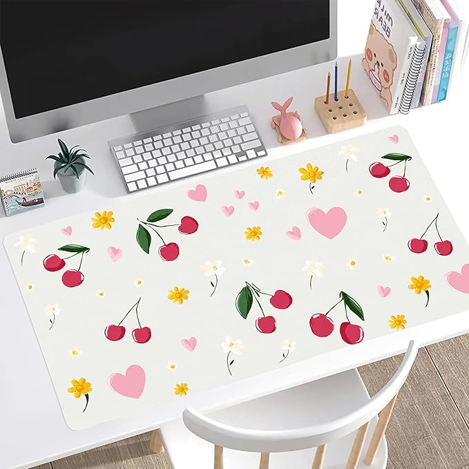 Idocolors Cherry Desk Mat Cute Extended Gaming Keyboard Mouse Pad Large Office Desk Cover Mat Pad Deskmat Non-Slip Leather Home Office Desk Mat Protector 31.5×15.7