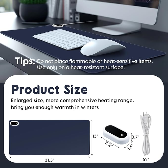 Konohan Heated Desk Pad Warm Mouse Pad 5 Heating Level &amp 4 Hour Auto Shut-Off PU Leather Warm Mouse Mat Heating Keyboard Gaming Mice Warmer Mat Only Supports 110v(Dark Blue Color31.5 X 13)