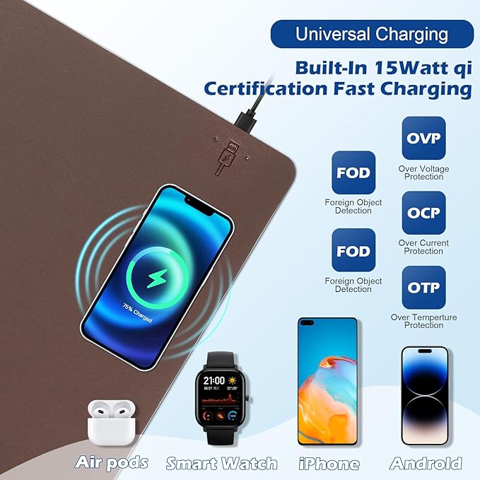 Wireless Charging Desk Mat with Desk Pad for Desktop Charging Large Mouse Pad Waterproof Leather Computer Mat Mouse Pad Non-Slip Protector on Top of Desks for Keyboard and Mouse (brown-r 32*16inch)