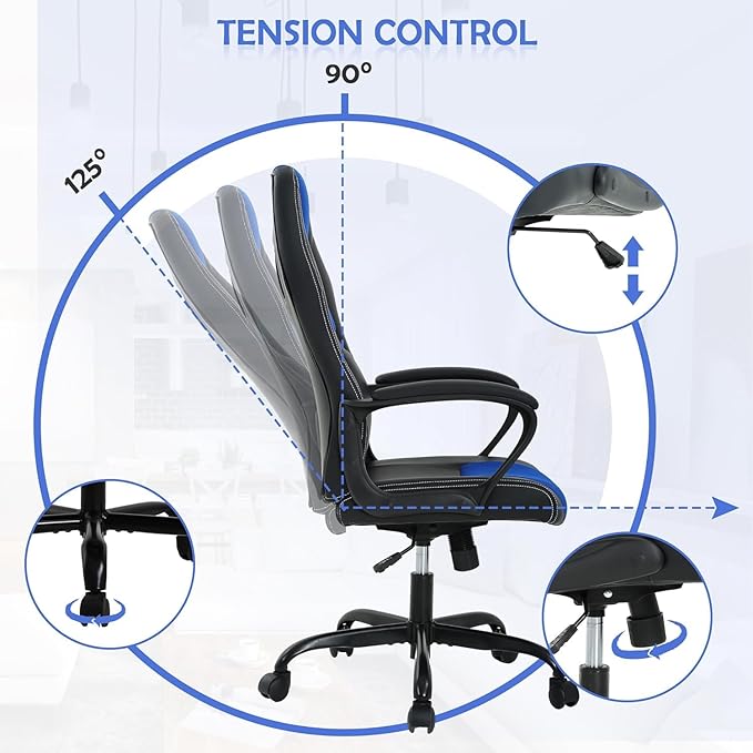 Gaming Chair Massage Office Chair Ergonomic Video Game Chairs Adjustable Reclining Computer Chair with Lumbar Support Armrest Headrest Task Rolling Swivel Chair Game Chair for Adult Teen Blue