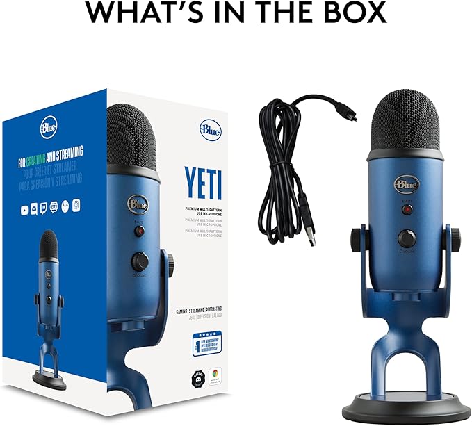 Logitech Creators Blue Yeti USB Microphone for PC Mac Gaming Streaming Podcasting Studio and Computer Condenser Mic with Blue VO!CE Effects 4 Pickup Patterns Plug and Play - Midnight Blue