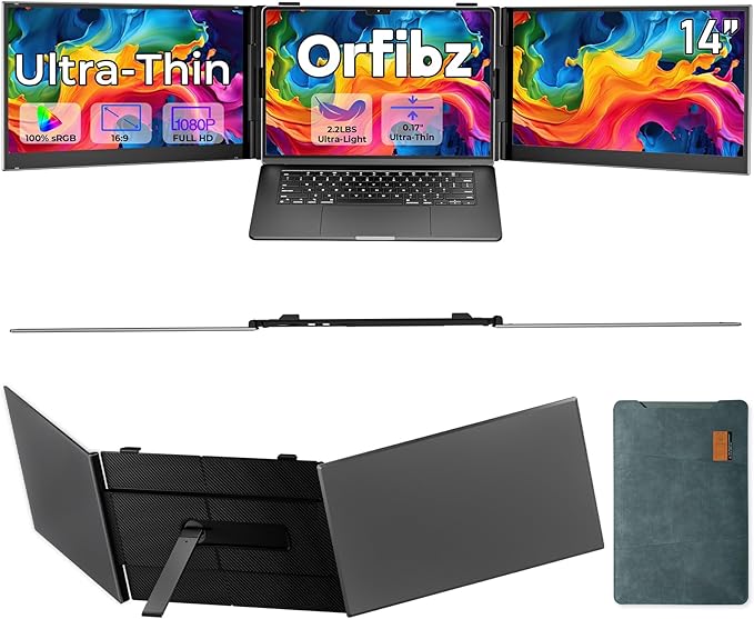 Laptop Screen Extender Ultra Thin 14 FHD 1080P Triple Portable Monitor for Laptops 13-17.3 2.2 LB Lightweight Laptop Monitor Extender with USB-C/HDMI Port Plug-Play for Mac/Windows/PS5/Android