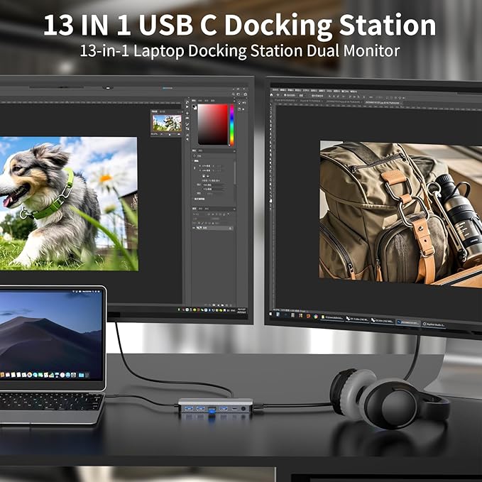 Docking Station 3 Monitors for HP/Dell/Lenovo/MacBook Laptop13 in 1 USB C Hub Computer Docking Station for Laptop with Dual HDMIVGAUSB 3.0Fast Charging PortSD/TF Card Reader3.5mm Audio