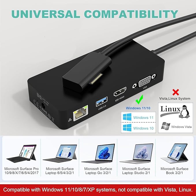 for Microsoft Surface Dock Triple Displays HDMI+VGA 11 in 1 Surface pro Docking Station for Surface Pro 10/9/8/X/7/6/5/4Surface Laptop 6/5/4/3/2 Surface Book (HDMI VGA Ethernet SD/TF Audio 5*USB)
