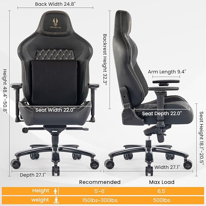 Big and Tall Gaming Chair 440LBS Gaming Chair with Metal Base Memory Foam Lumbar 4D Adjustable Armrest Computer Chair for Heavy People Ergonomic High-Back Computer Chair