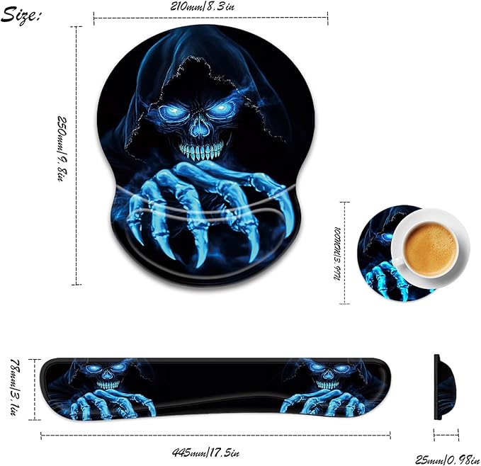 Bxgolkgd Ergonomic Gel Mouse Wrist Rest Pad and Keyboard Pad SetAnti-Slip PU Bottom Easy Typing and Relieve Wrist Pain with Cute Coaster Set (3-Funny Skull)