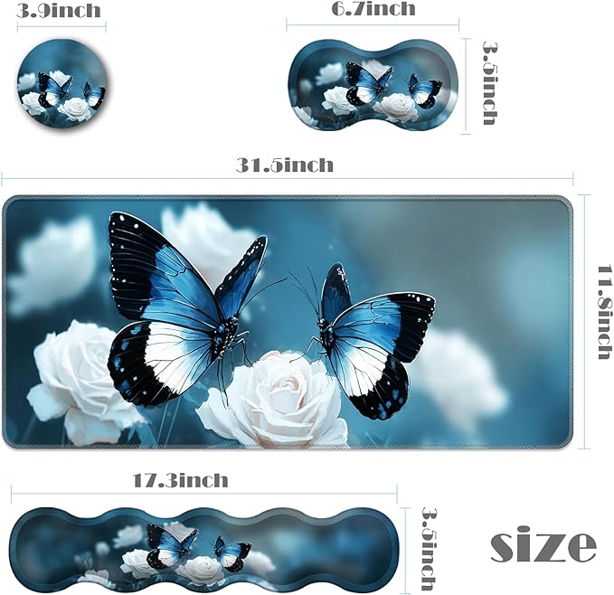 Ergonomic Keyboard Wrist Rest &amp Mouse Pad Wrist Rest SetXL Gaming Desk Mat 31.5x 11.8Non-Slip BaseMemory FoamEasy Typing Pain Relief for Office &amp HomeBlue Butterflies White Rose