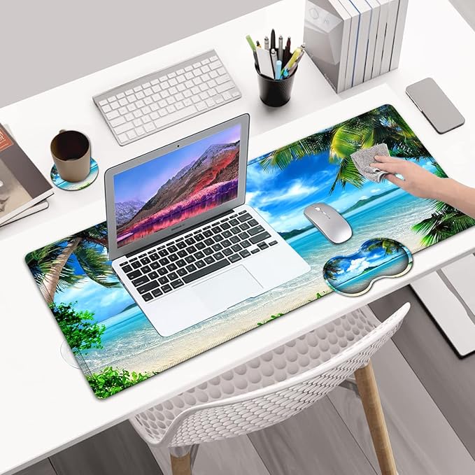 Desk Pad Extended Large Mouse Pad with Stitched Edges (31.5X11.8In) Ergonomic Mouse Wrist Rest Waterproof Computer Keyboard Mouse Mat Coconut Trees on Sands Beach Seascape XXL Gaming Mouse Pad