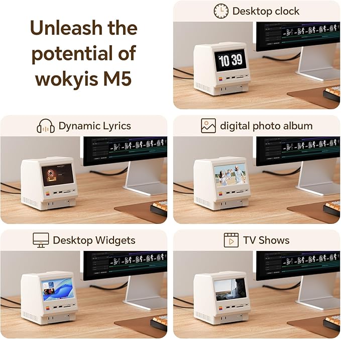 M5 Retro Dock Station for Mac mini M4 5’inch HD Display 10Gbps M.2 NVMe SSD Enclosure SD/Micro SD Reader 4.0 4*USB-A 1*USB-C 10Gbps 3.5mm Earphone Jack