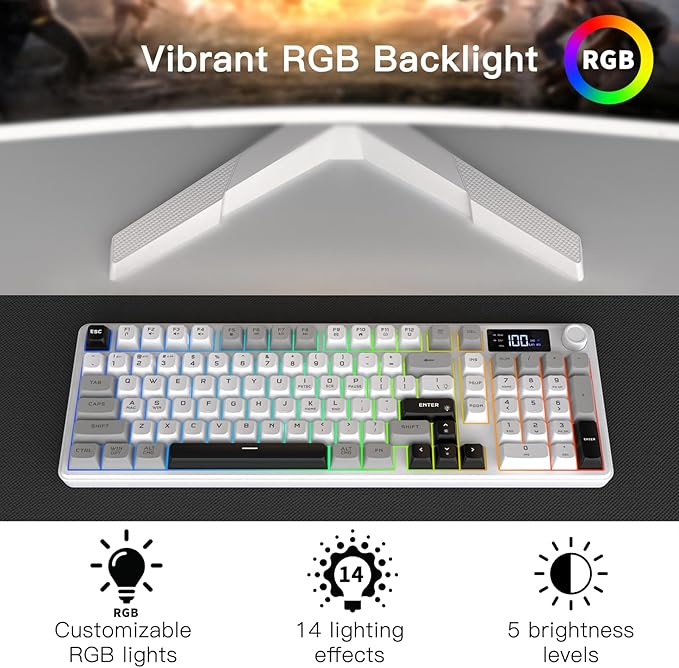 Wireless Gaming Keyboard with Smart Display &amp Knob Control Tri-Mode BT5.0/2.4GHz/Wired RGB Backlit Computer Keyboards with Number Pad 26-Key Rollover Compatible for Windows Mac
